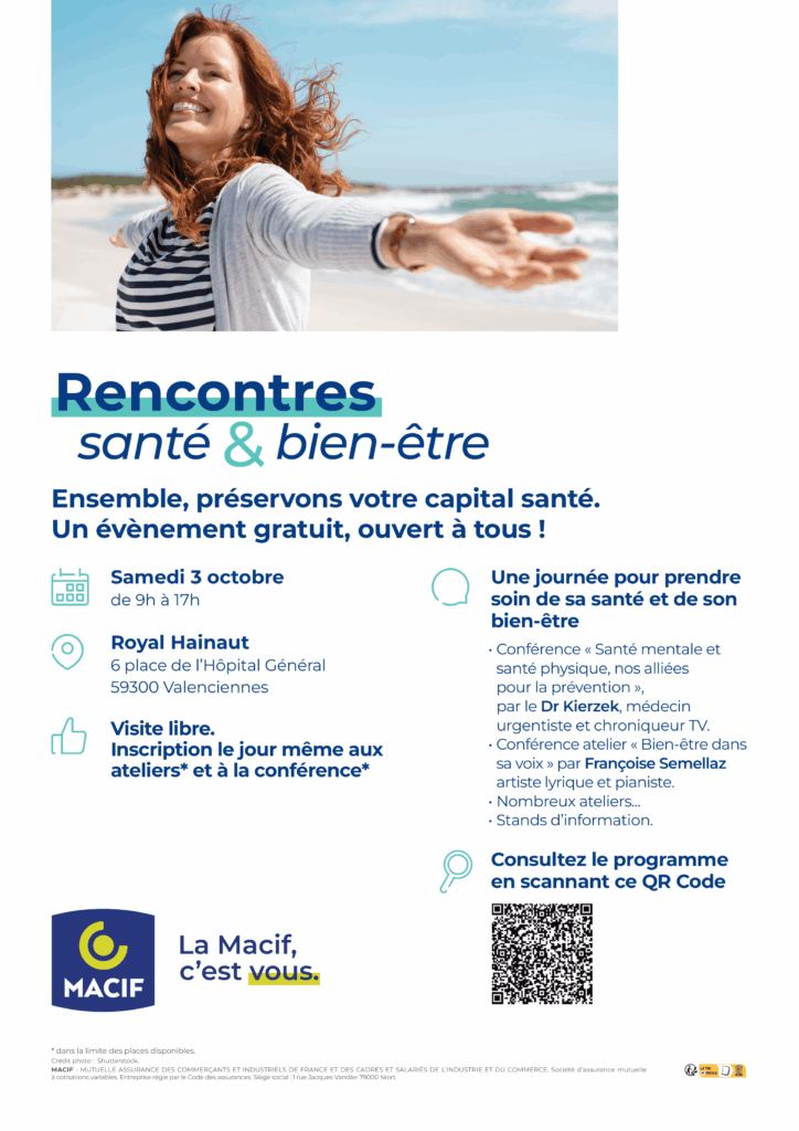 Rencontres Santé et Bien-être Macif à Valenciennes Affiche Rencontres santé & bien-être Macif à Valenciennes avec femme souriante, infos pratiques et QR code.